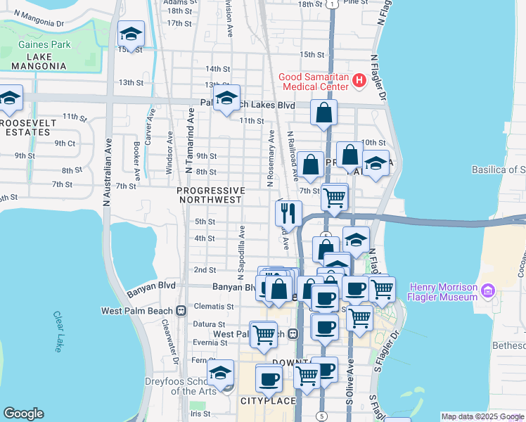 map of restaurants, bars, coffee shops, grocery stores, and more near 622 5th Street in West Palm Beach