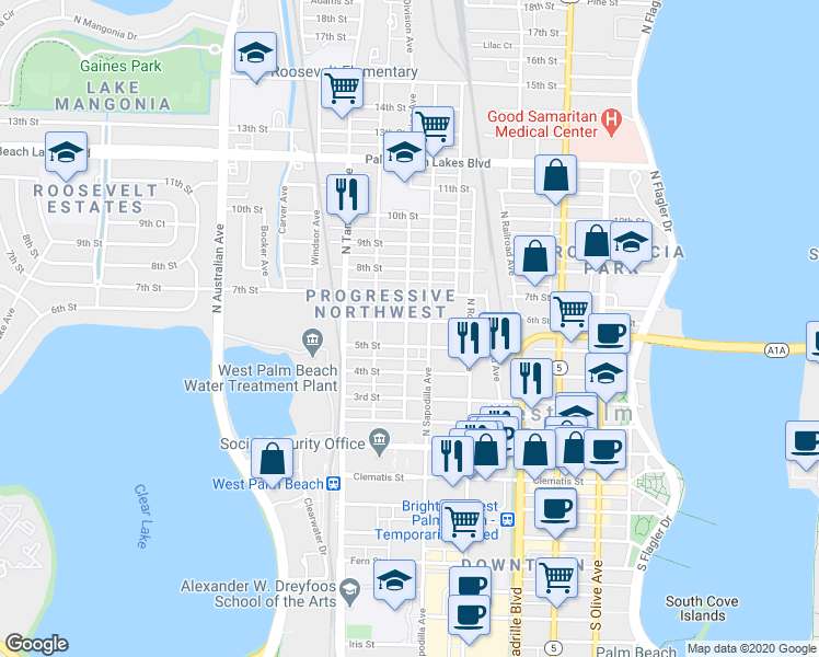 map of restaurants, bars, coffee shops, grocery stores, and more near 720 5th Street in West Palm Beach
