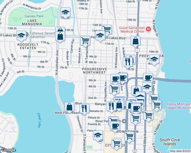 map of restaurants, bars, coffee shops, grocery stores, and more near 906 5th Street in West Palm Beach