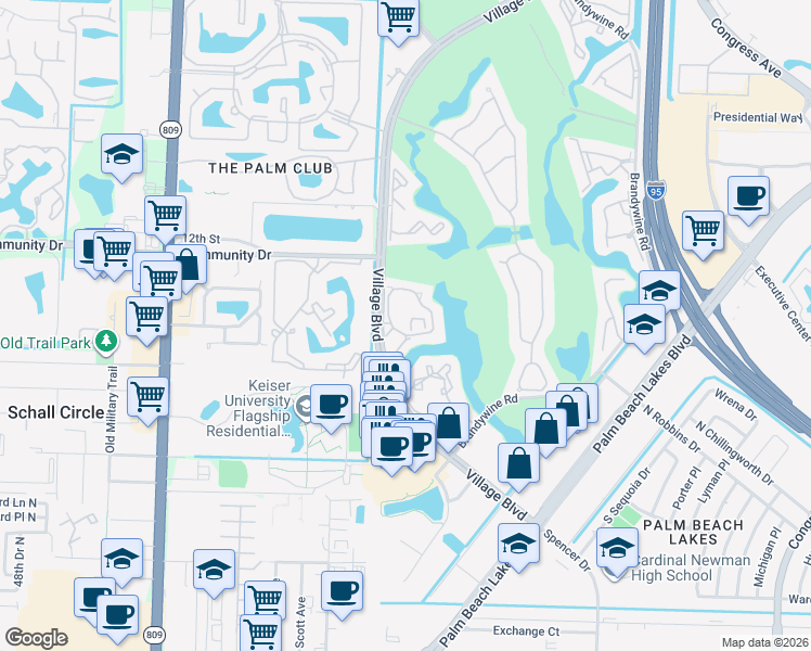 map of restaurants, bars, coffee shops, grocery stores, and more near 1620 Village Boulevard in West Palm Beach