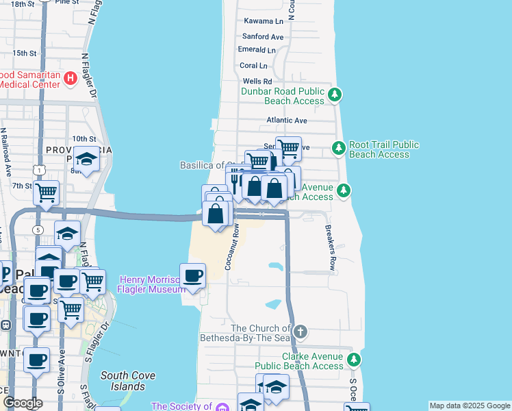 map of restaurants, bars, coffee shops, grocery stores, and more near 253 Royal Poinciana Way in Palm Beach