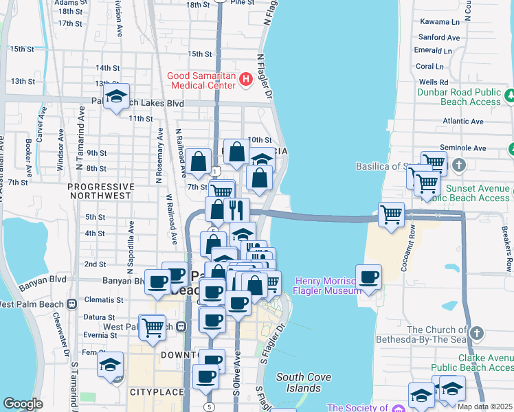 map of restaurants, bars, coffee shops, grocery stores, and more near 201 5th Street in West Palm Beach