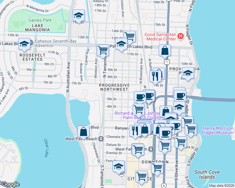 map of restaurants, bars, coffee shops, grocery stores, and more near 720 5th Street in West Palm Beach