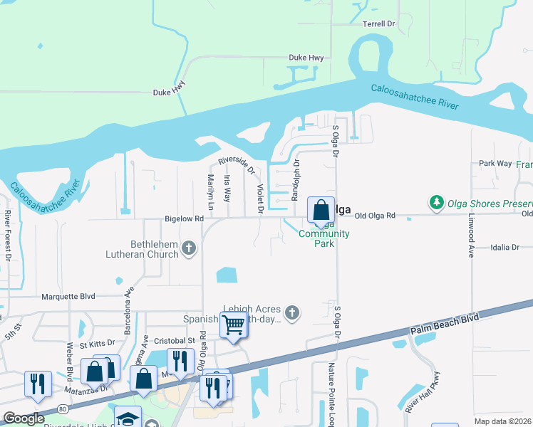 map of restaurants, bars, coffee shops, grocery stores, and more near 2256 Violet Drive in Fort Myers