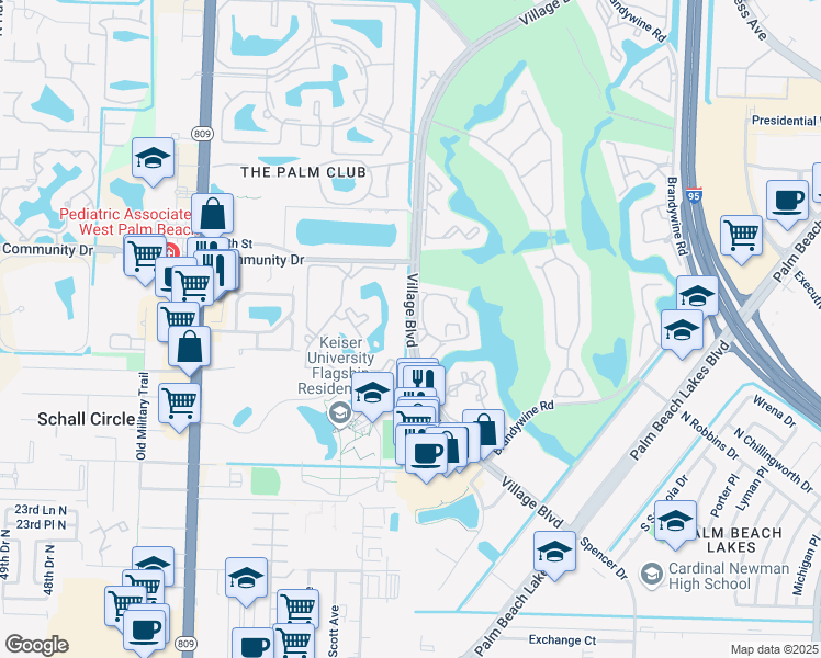 map of restaurants, bars, coffee shops, grocery stores, and more near Village Blvd & Glenmoor Dr in West Palm Beach