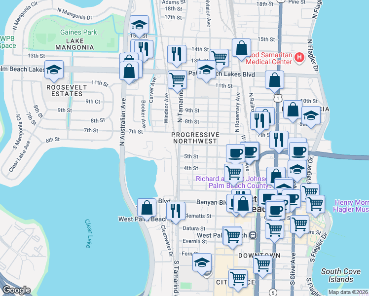 map of restaurants, bars, coffee shops, grocery stores, and more near in West Palm Beach