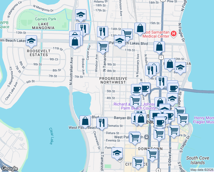 map of restaurants, bars, coffee shops, grocery stores, and more near in West Palm Beach