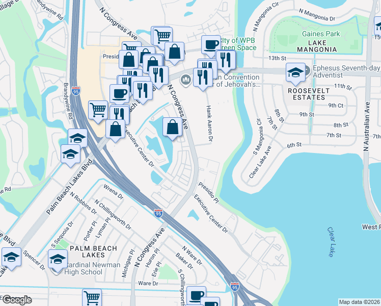 map of restaurants, bars, coffee shops, grocery stores, and more near 750 Millbrae Court in West Palm Beach