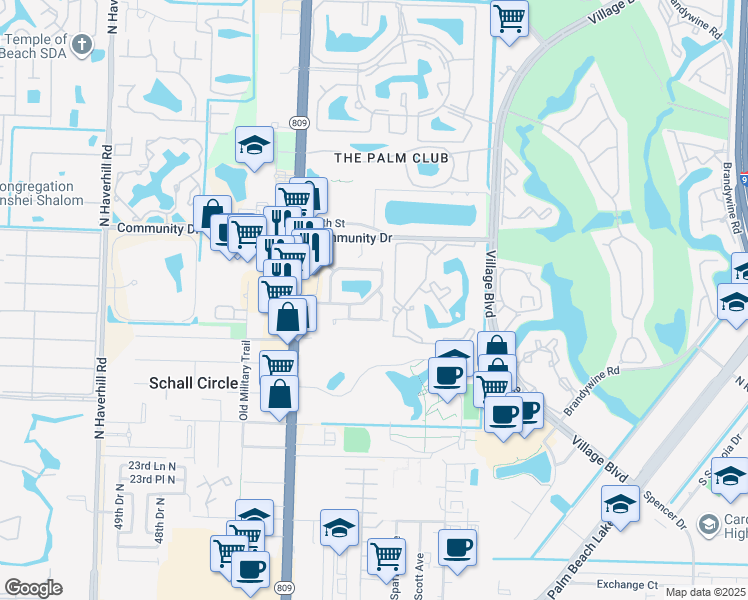 map of restaurants, bars, coffee shops, grocery stores, and more near 4365 Woodstock Drive in West Palm Beach