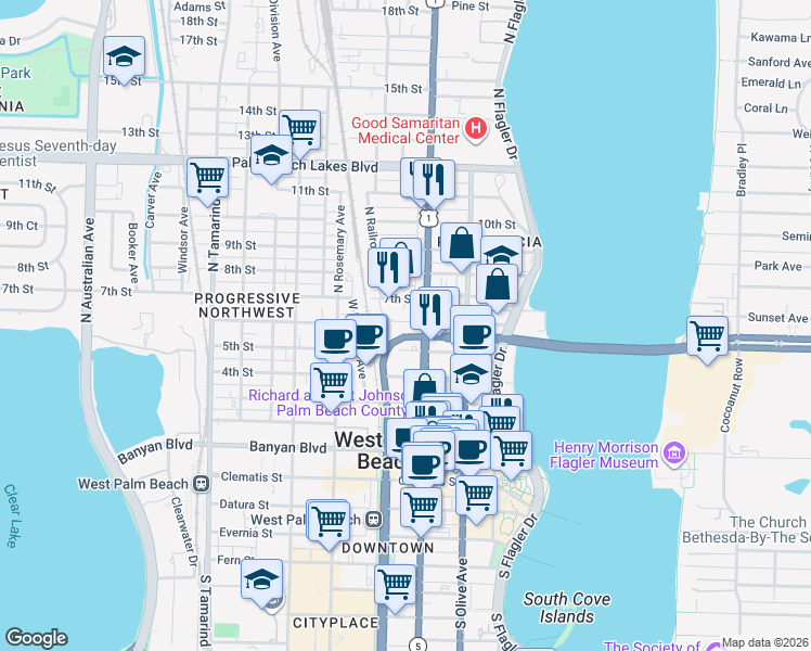 map of restaurants, bars, coffee shops, grocery stores, and more near 711 North Dixie Highway in West Palm Beach