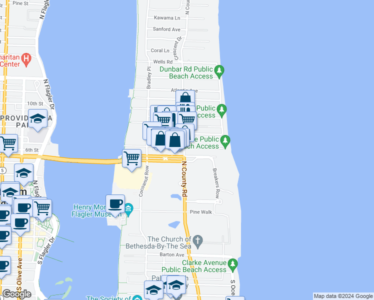 map of restaurants, bars, coffee shops, grocery stores, and more near 159 Sunset Avenue in Palm Beach