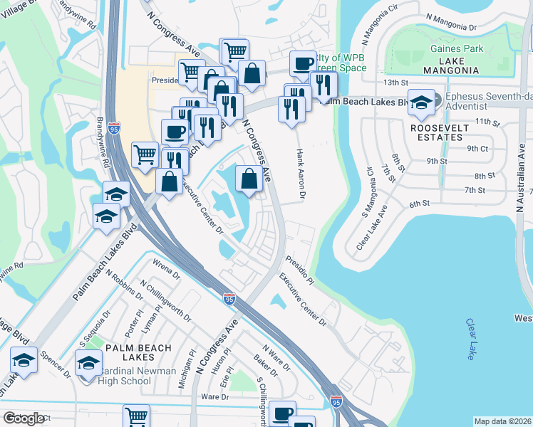 map of restaurants, bars, coffee shops, grocery stores, and more near 750 Millbrae Court in West Palm Beach