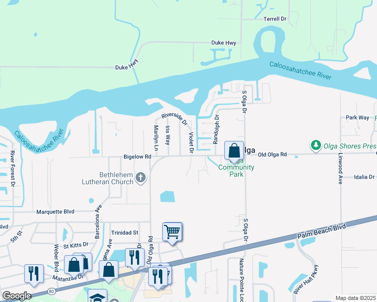 map of restaurants, bars, coffee shops, grocery stores, and more near 2240 Violet Drive in Fort Myers