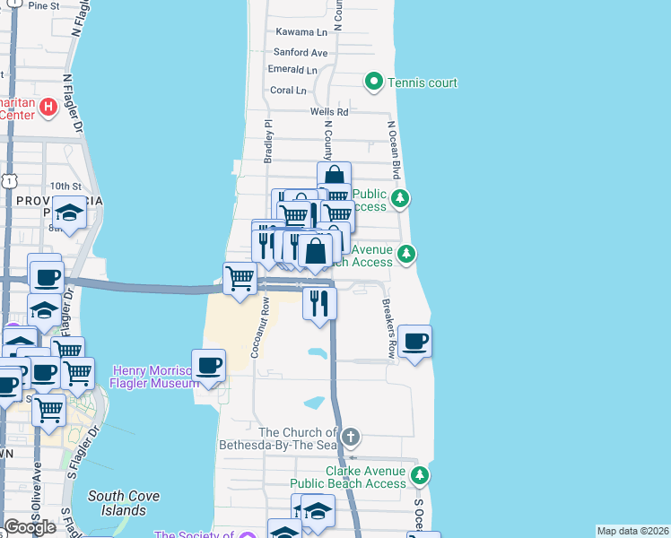 map of restaurants, bars, coffee shops, grocery stores, and more near 184 Sunset Avenue in Palm Beach