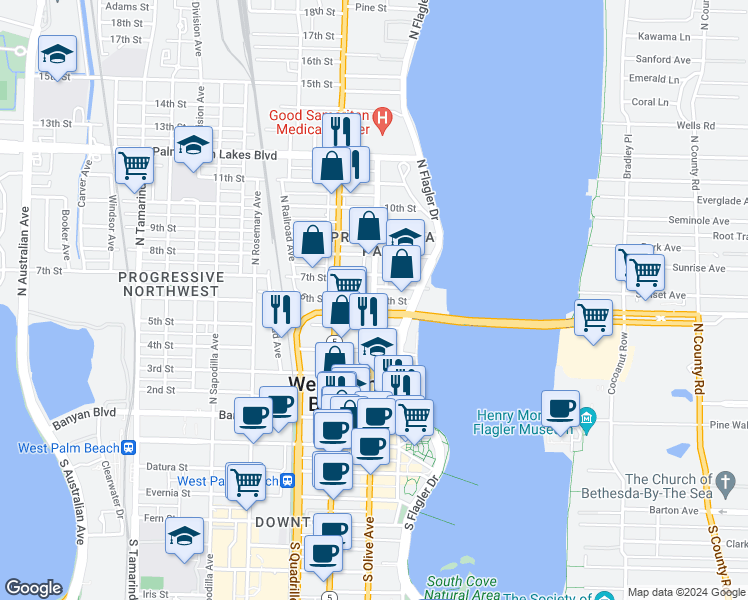 map of restaurants, bars, coffee shops, grocery stores, and more near 701 North Olive Avenue in West Palm Beach