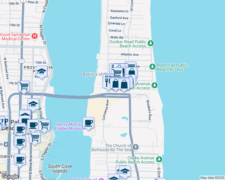 map of restaurants, bars, coffee shops, grocery stores, and more near 135 Bradley Place in Palm Beach