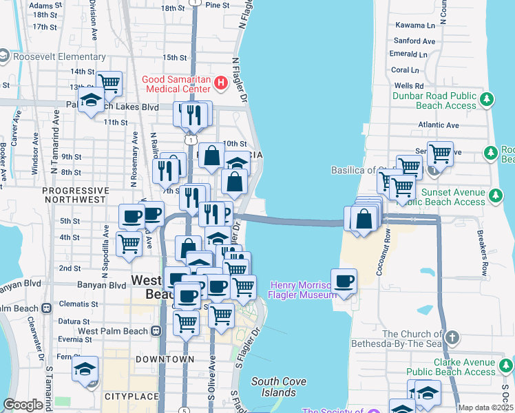 map of restaurants, bars, coffee shops, grocery stores, and more near 622 North Flagler Drive in West Palm Beach
