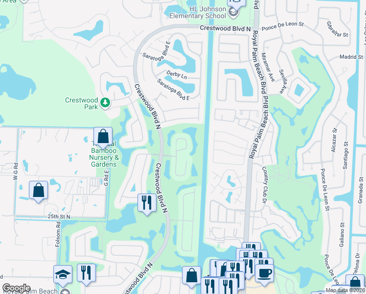 map of restaurants, bars, coffee shops, grocery stores, and more near 2173 Bellcrest Circle in Royal Palm Beach