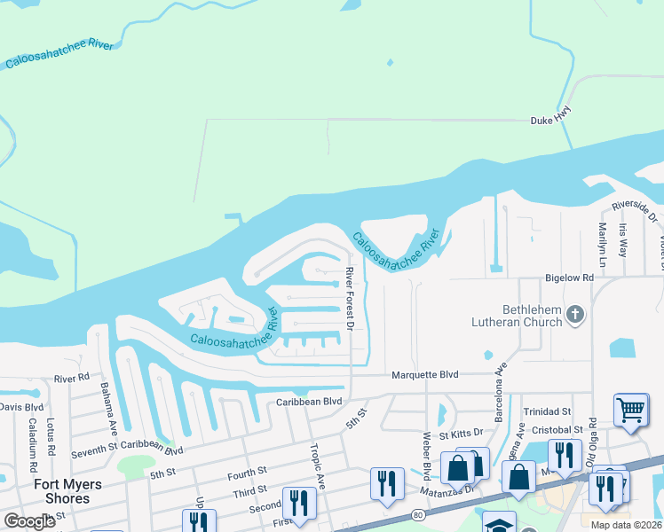 map of restaurants, bars, coffee shops, grocery stores, and more near 13827 River Forest Drive in Fort Myers