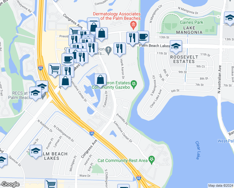 map of restaurants, bars, coffee shops, grocery stores, and more near 700 North Congress Avenue in West Palm Beach