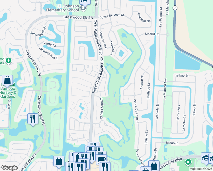 map of restaurants, bars, coffee shops, grocery stores, and more near 196 Par Drive in Royal Palm Beach
