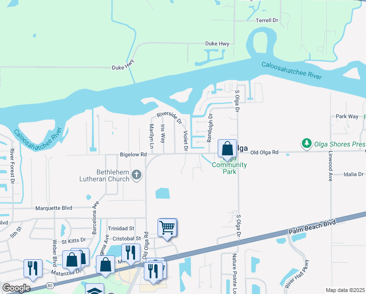 map of restaurants, bars, coffee shops, grocery stores, and more near 2240 Violet Drive in Fort Myers