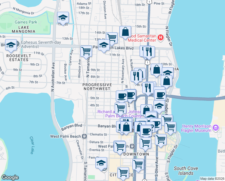 map of restaurants, bars, coffee shops, grocery stores, and more near 630 7th Street in West Palm Beach