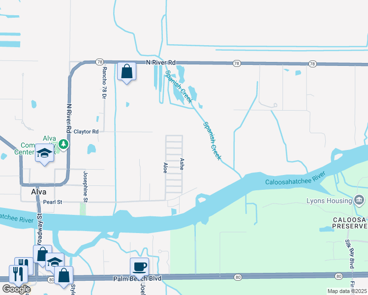 map of restaurants, bars, coffee shops, grocery stores, and more near 25 Ashe in Alva