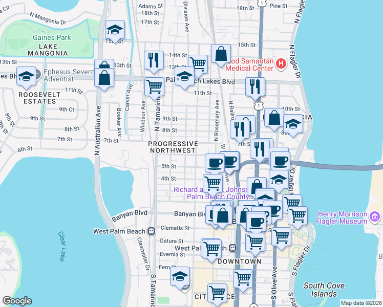 map of restaurants, bars, coffee shops, grocery stores, and more near 711 Division Avenue in West Palm Beach