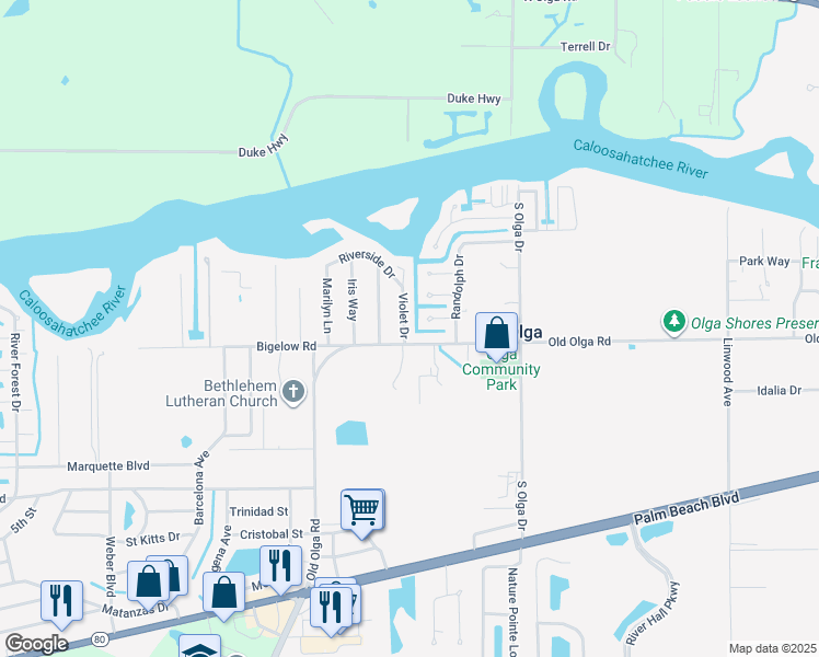 map of restaurants, bars, coffee shops, grocery stores, and more near 2240 Violet Drive in Fort Myers