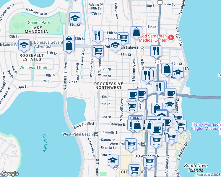 map of restaurants, bars, coffee shops, grocery stores, and more near 711 Division Avenue in West Palm Beach