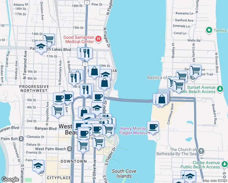 map of restaurants, bars, coffee shops, grocery stores, and more near 622 North Flagler Drive in West Palm Beach
