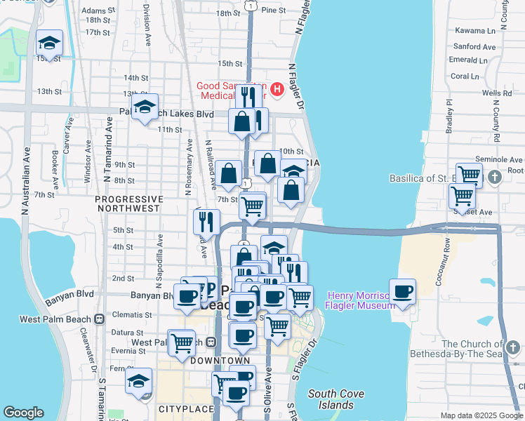 map of restaurants, bars, coffee shops, grocery stores, and more near 312 Eucalyptus Street in West Palm Beach
