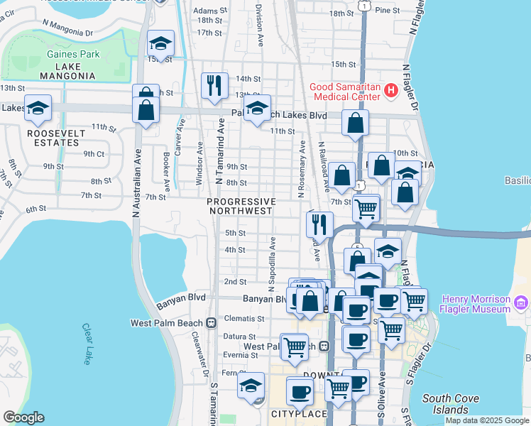 map of restaurants, bars, coffee shops, grocery stores, and more near 711 Division Avenue in West Palm Beach