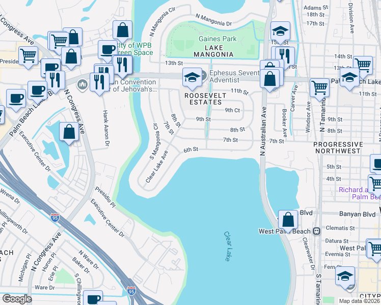 map of restaurants, bars, coffee shops, grocery stores, and more near 1421 6th Street in West Palm Beach