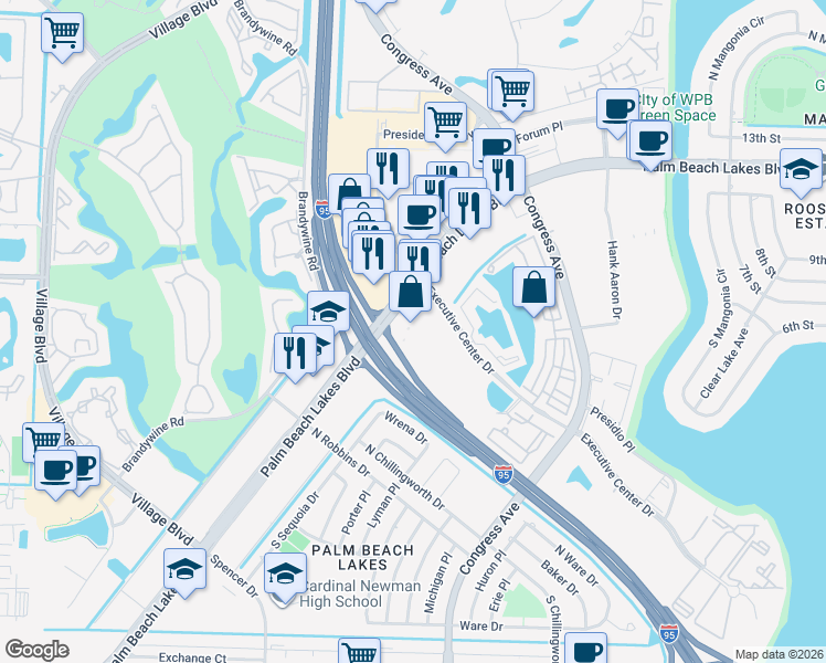 map of restaurants, bars, coffee shops, grocery stores, and more near 1880 Palm Beach Lakes Boulevard in West Palm Beach