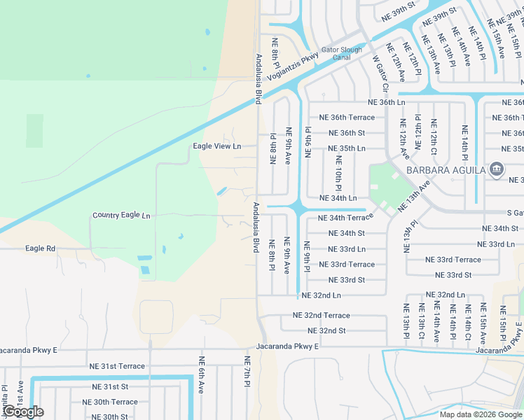 map of restaurants, bars, coffee shops, grocery stores, and more near 3421 Andalusia Boulevard in Cape Coral