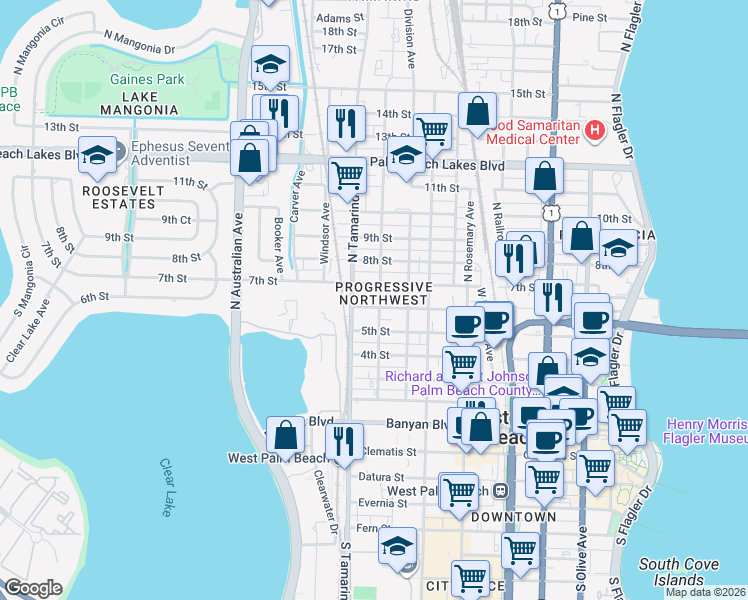 map of restaurants, bars, coffee shops, grocery stores, and more near in West Palm Beach