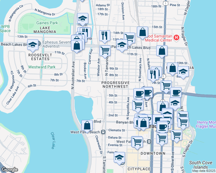 map of restaurants, bars, coffee shops, grocery stores, and more near in West Palm Beach