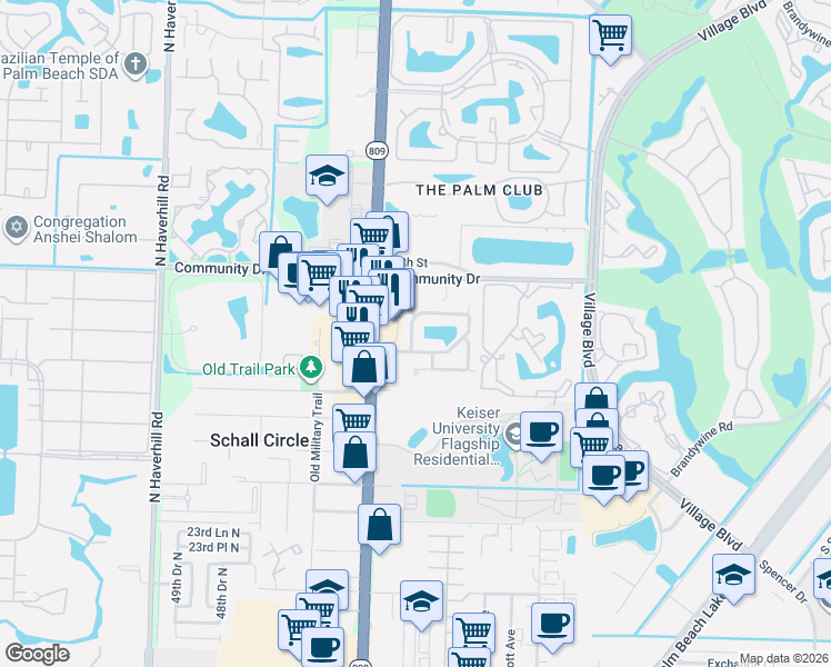 map of restaurants, bars, coffee shops, grocery stores, and more near 4399 Woodstock Drive in West Palm Beach