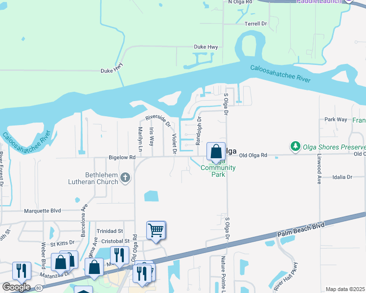 map of restaurants, bars, coffee shops, grocery stores, and more near 14801 Oakwood Court in Fort Myers