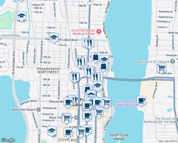 map of restaurants, bars, coffee shops, grocery stores, and more near 711 North Dixie Highway in West Palm Beach