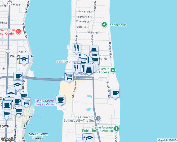 map of restaurants, bars, coffee shops, grocery stores, and more near 223 Sunset Avenue in Palm Beach