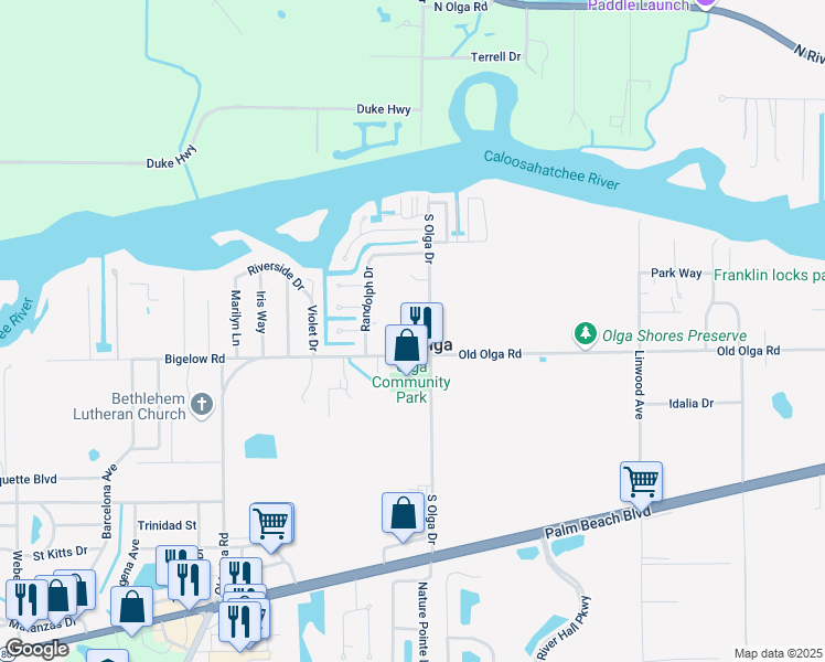 map of restaurants, bars, coffee shops, grocery stores, and more near in Olga