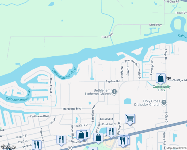 map of restaurants, bars, coffee shops, grocery stores, and more near 2263 Queen Anne Drive in Fort Myers