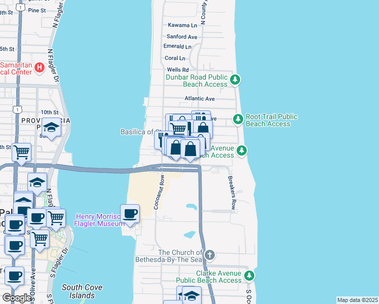 map of restaurants, bars, coffee shops, grocery stores, and more near 223 Sunset Avenue in Palm Beach