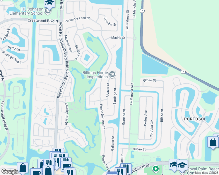 map of restaurants, bars, coffee shops, grocery stores, and more near 139 Alcazar Street in Royal Palm Beach