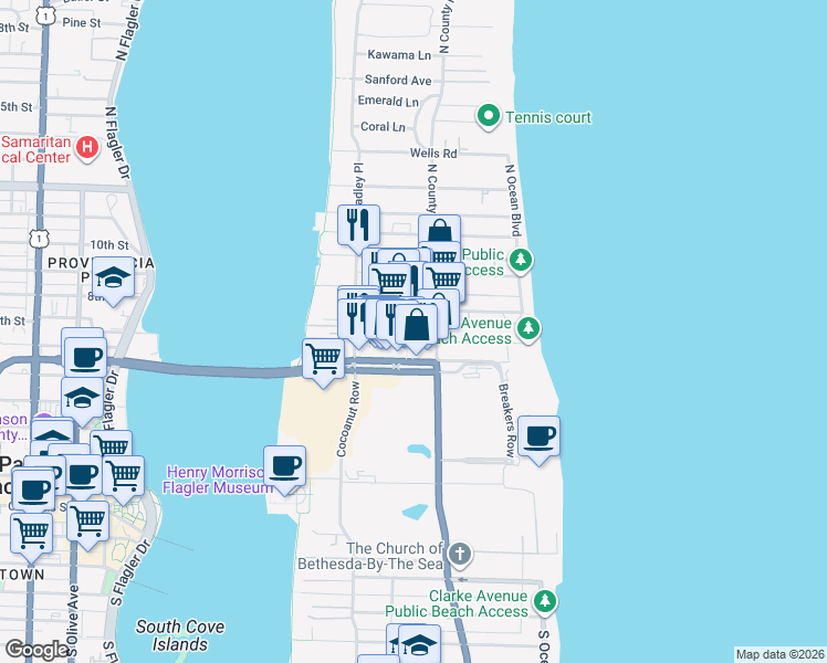 map of restaurants, bars, coffee shops, grocery stores, and more near 223 Sunset Avenue in Palm Beach