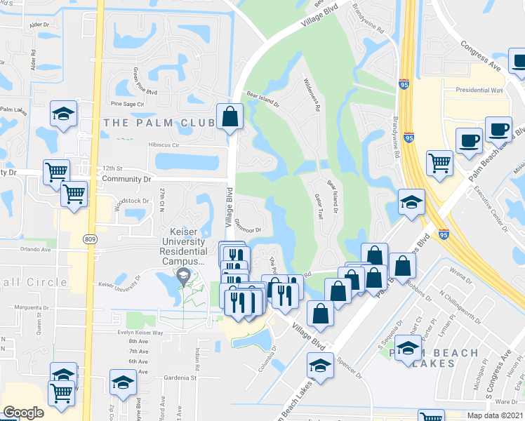 map of restaurants, bars, coffee shops, grocery stores, and more near 12102 Glenmoor Drive in West Palm Beach