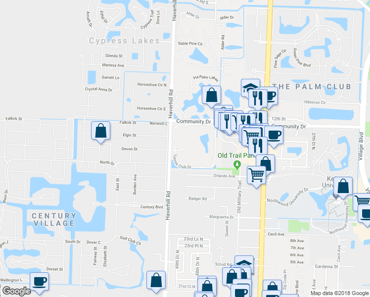 map of restaurants, bars, coffee shops, grocery stores, and more near Tennis Club Drive in West Palm Beach